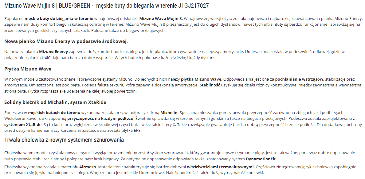 Zdj 5. Opis butów do biegania w serwisie Run Shop za pomocą języka korzyści.