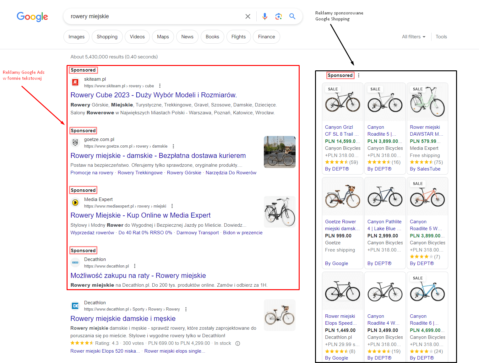 Zdj 2. Reklama Google Ads w formie tekstowej oraz Google Shopping. Źródło: www.google.com