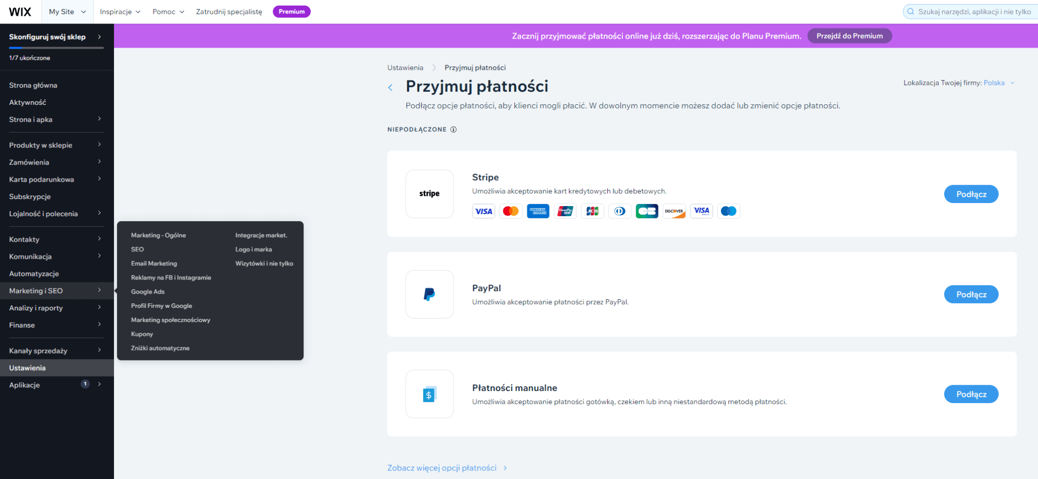 Zdj 1. Konfiguracja sklepu internetowego w modelu SaaS. Źródło: manage.wix.com.