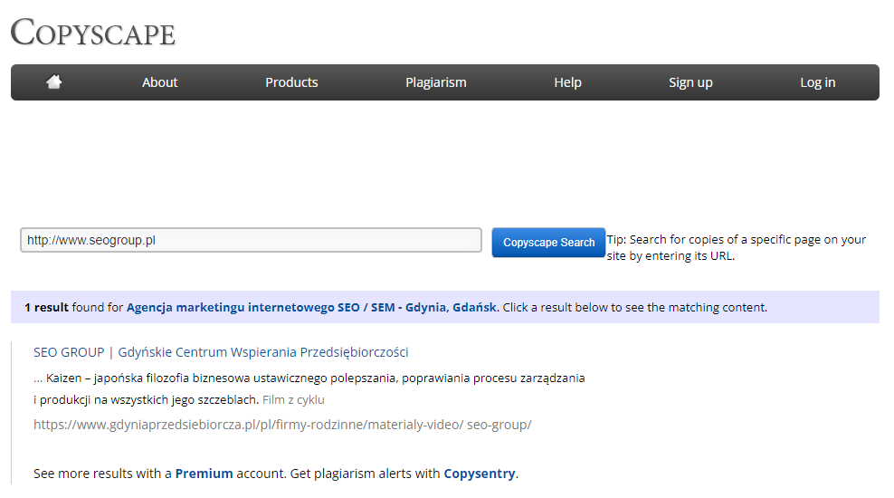 Zdj 9. Narzędzie Copyscape do sprawdzania plagiatu w treściach powodującego duplicate content.