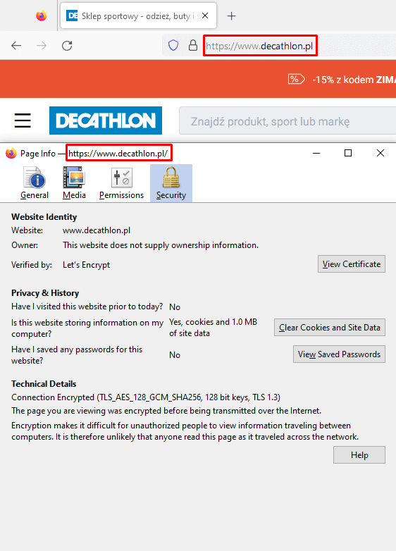 Zdj 3. Poprawnie wdrożony certyfikat SSL (z szyfrowaniem HTTPS) w serwisie Decathlon.