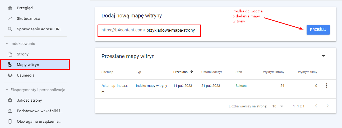 Zdj 5. Przesyłanie prośby do Google o dodanie mapy witryny.