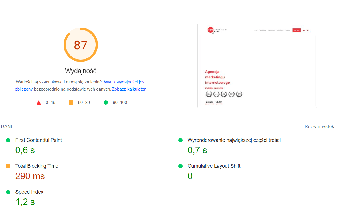 Zdj 7. Mierzenie wydajności, interaktywności i stabilności wizualnej strony w PageSpeed Insights.