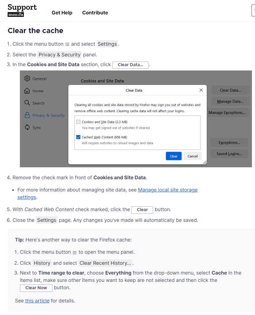 Zdj 2. Zasady czyszczenia pamięci cache w przeglądarce Mozilla Firefox.