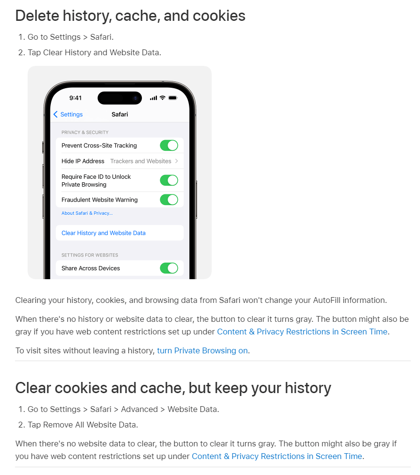 Zdj 3. Zasady czyszczenia pamięci cache w Safari.