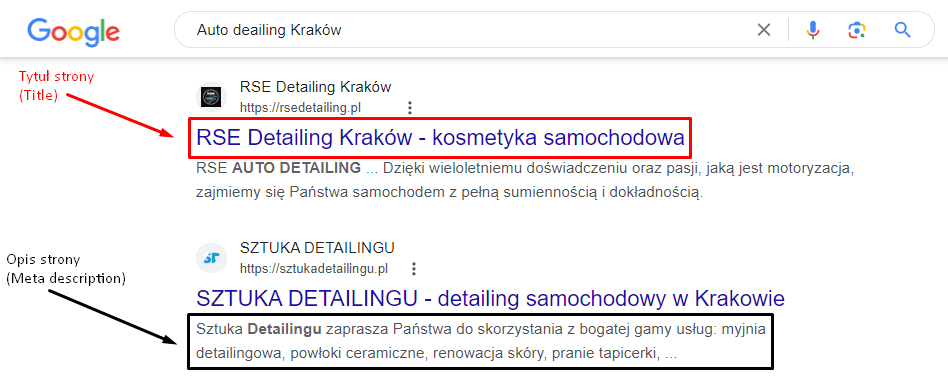 Zdj 4. Odpowiednio dobrane meta tagi w wynikach wyszukiwania wpływające na maksymalizację CTR.