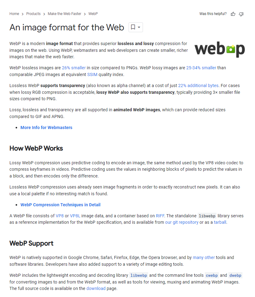 Zdj 2. Wytyczne Google na temat WebP.