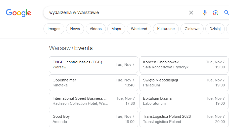 Zdj 8. Rozszerzone wyniki wydarzeń w Google.