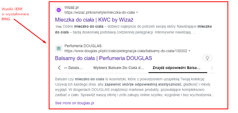 Zdj 2. Wyniki SERP w Bing na frazę "mleczko do ciała". Efekty pozycjonowania pod kątem wielu wyszukiwarek.