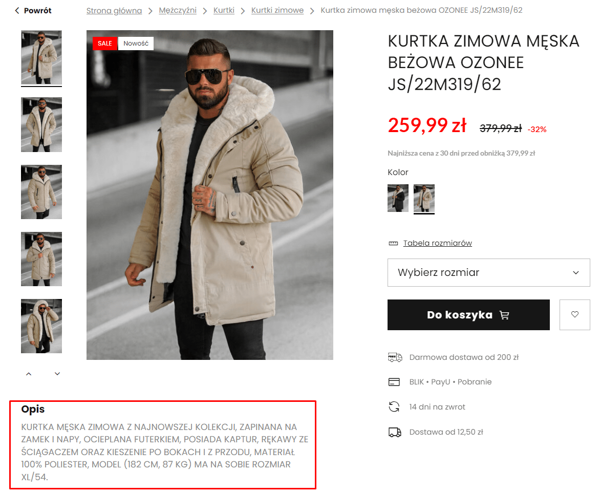 Zdj 3. Poprawnie utworzony opis produktu w stylu minimalistycznym w serwisie Ozonee.