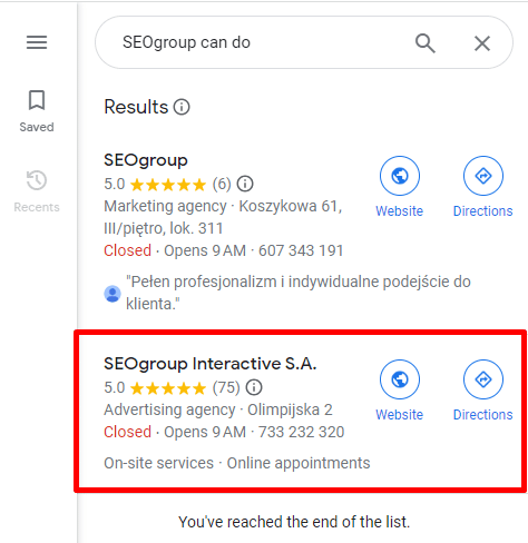 Zdj 3. Wybór firmy w celu dodania opinii Google.