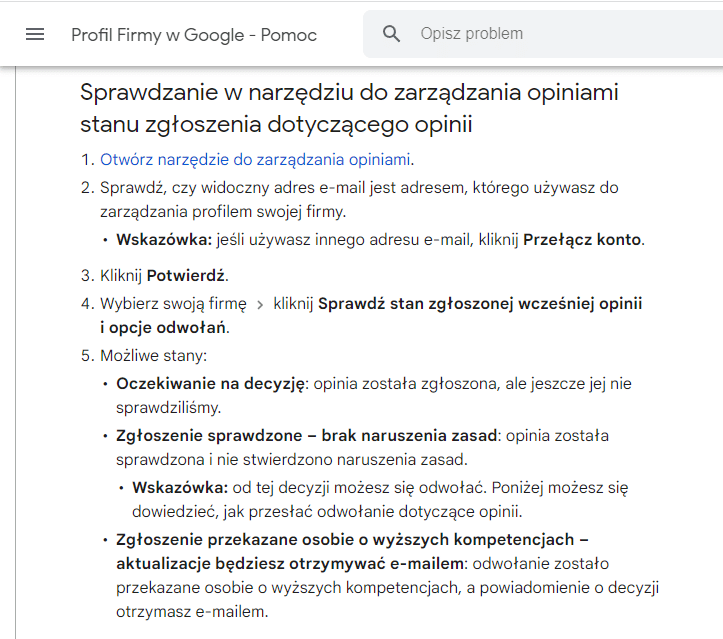 Zdj 5. Pomoc Google w sprawie narzędzia do zarządzania opiniami.