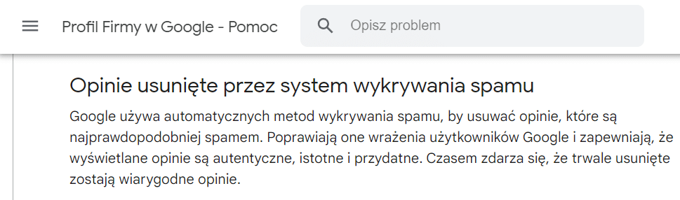 Zdj 7. Opinie usuwane przez system wykrywania spamu – dodatkowe informacje.