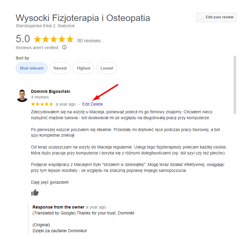Zdj 8. Przygotowanie do edycji opinii w Google.
