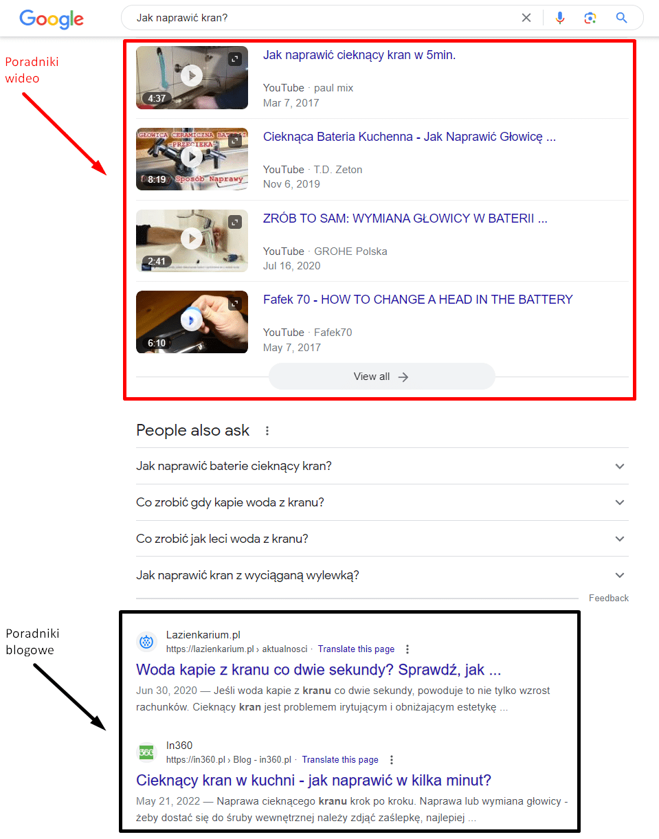 Zdj 1. Informacyjne Search Intent ze specyfiką nastawioną na poradniki wideo.