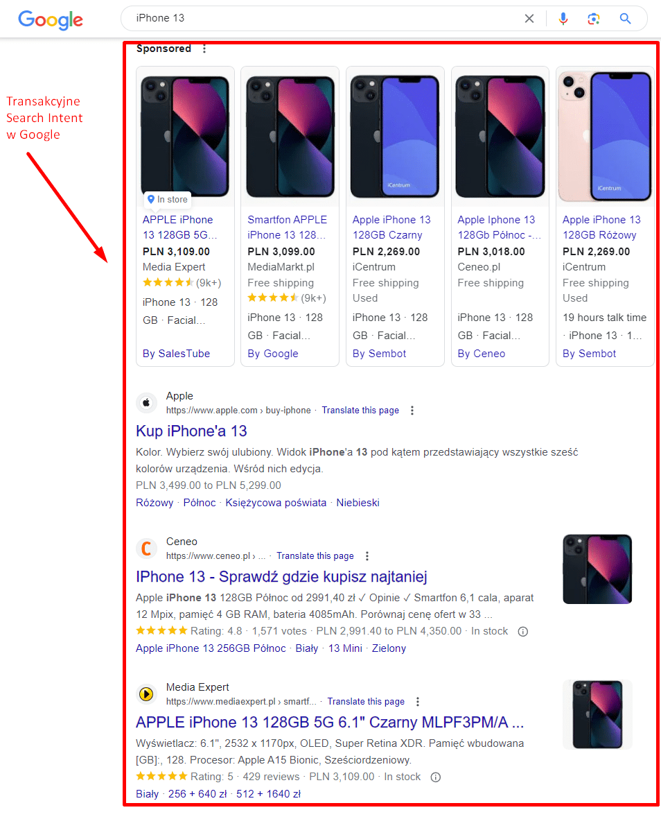 Zdj 5. Transakcyjne Search Intent w Google.