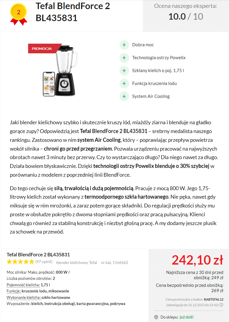 Zdj 8. Jeden z opisywanych blenderów kielichowych w rankingu RTV EURO AGD.