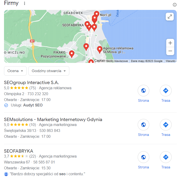 Opinie w Local Pack w Google