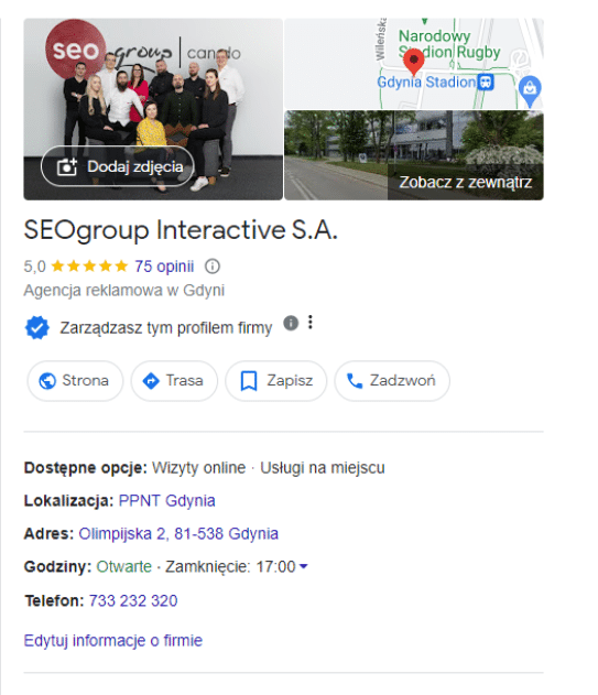 Panel wiedzy Google - wizytówka SEOgroup