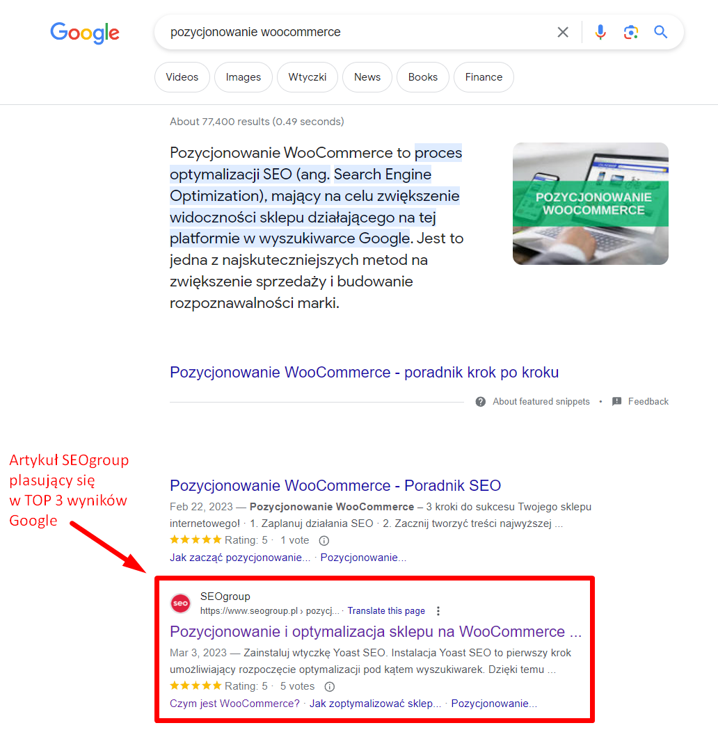 Zdj 1. Ręczne sprawdzanie pozycji artykułu blogowego SEOgroup w Google.